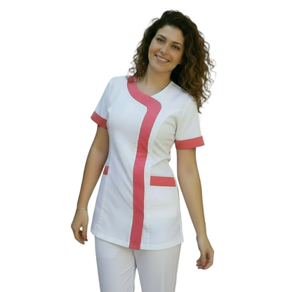 Casacca da Lavoro Donna Slim Fit Bianca con Inserto Fucsia – Mod. Beauty, Maniche Corte | Cod. 290725