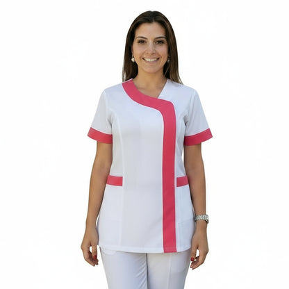 Casacca da Lavoro Donna Slim Fit Bianca con Inserto Fucsia – Mod. Beauty, Maniche Corte | Cod. 290725