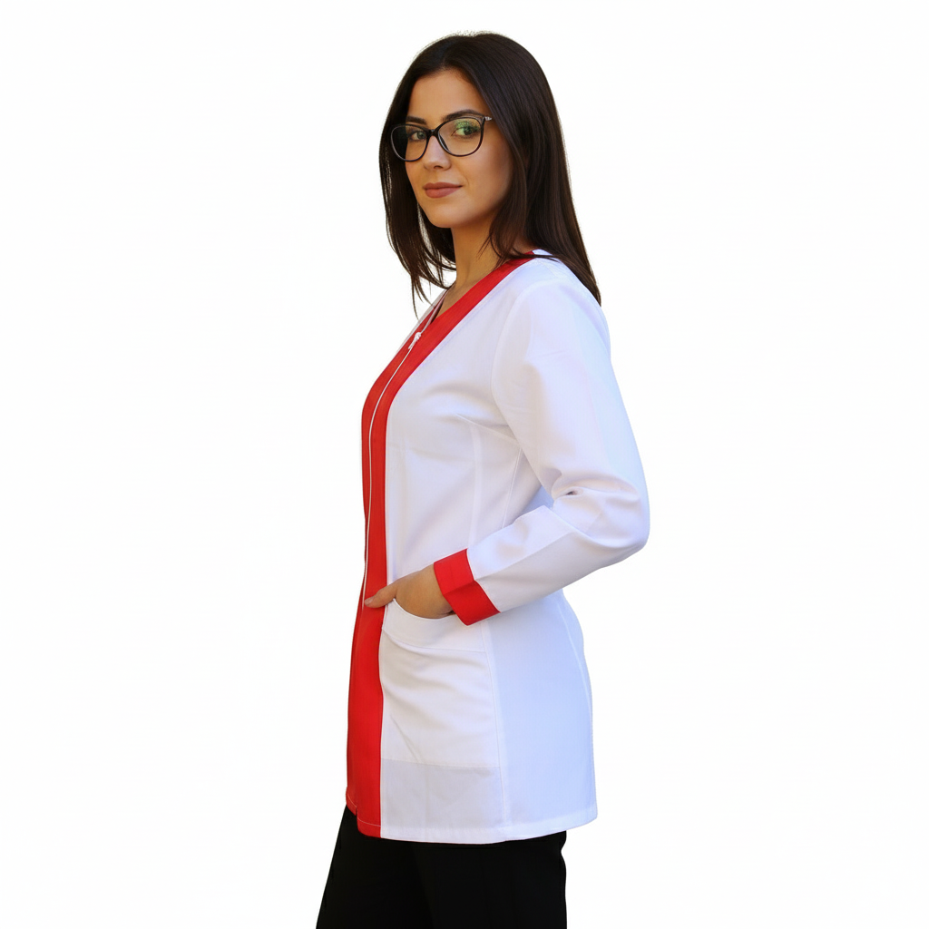 Casacca,camice da lavoro con zip, manica lunga bicolore "rosso" Cod:2206