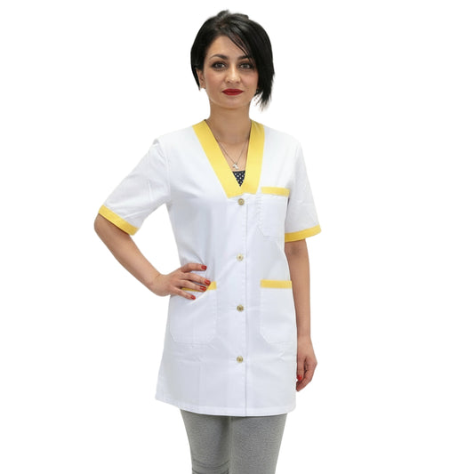 Casacca da Lavoro Donna Bianca con Profilo Giallo – Mezza Manica, Misto Cotone | Cod. 7609