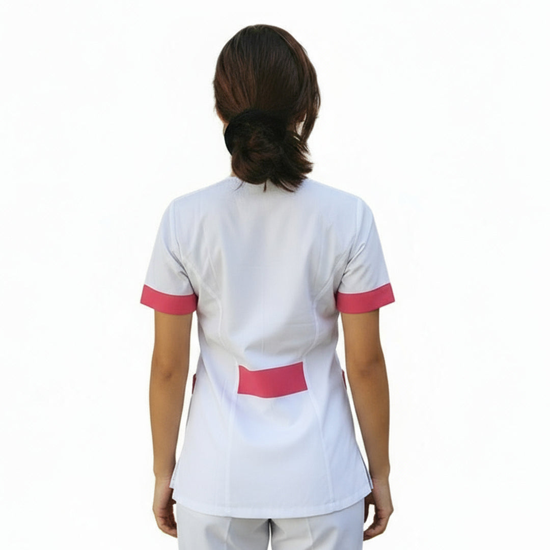 Casacca da Lavoro Donna Slim Fit Bianca con Inserto Fucsia – Mod. Beauty, Maniche Corte | Cod. 290725
