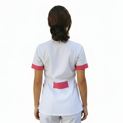 Casacca da Lavoro Donna Slim Fit Bianca con Inserto Fucsia – Mod. Beauty, Maniche Corte | Cod. 290725