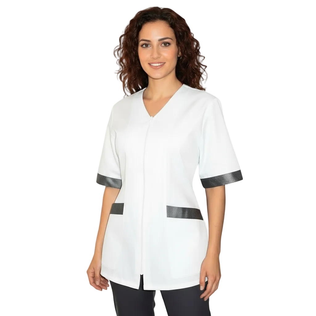 Casacca da Lavoro Donna con Zip - Bianca con Inserto Nero Mezza Manica | Cod. 2707
