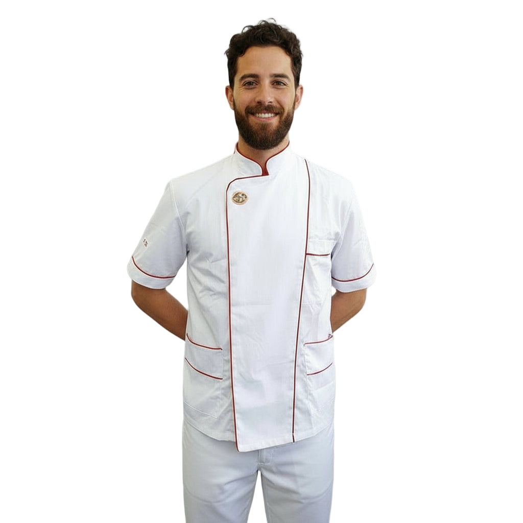 Jaleca de Pizzaiolo Branca Meia Manga - Inserções Vermelhas, 100% Algodão | Cód. 8026