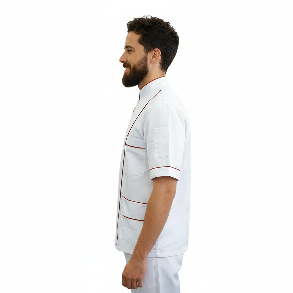 Jaleca de Pizzaiolo Branca Meia Manga - Inserções Vermelhas, 100% Algodão | Cód. 8026