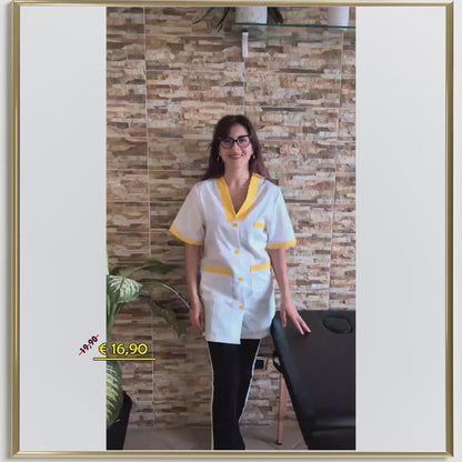 Casacca da Lavoro Donna Bianca con Profilo Giallo – Mezza Manica, Misto Cotone | Cod. 7609