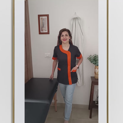 Bata de Trabalho para Senhora Preta com Perfil Laranja – Beleza, Esteticista, Educadora de Infância | Cód. 27019