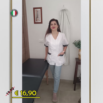 Casacca da Lavoro Donna con Zip - Bianca con Inserto Nero Mezza Manica | Cod. 2707
