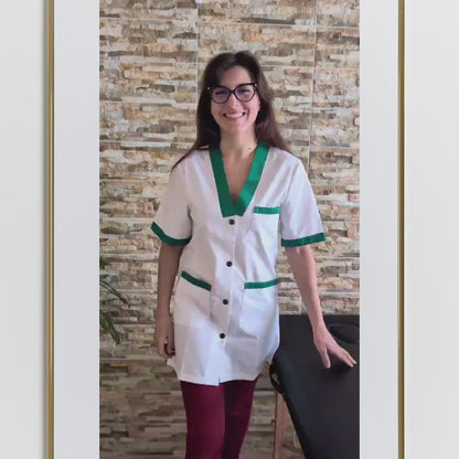 Túnica de Trabalho Senhora Meia Manga com Inserção Verde - Não Engomar - Cód 181119