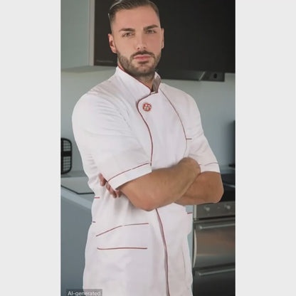 Jaleca de Pizzaiolo Branca Meia Manga - Inserções Vermelhas, 100% Algodão | Cód. 8026