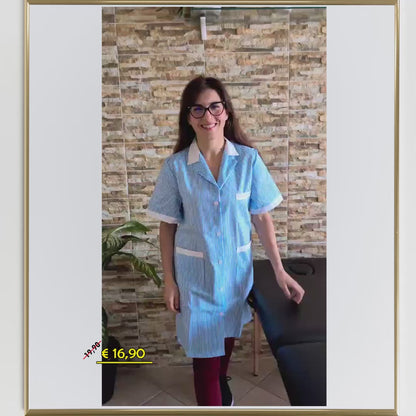 Camice da Lavoro Donna Lungo Fantasia Righe Azzurre Mezza Manica - Cod 7197