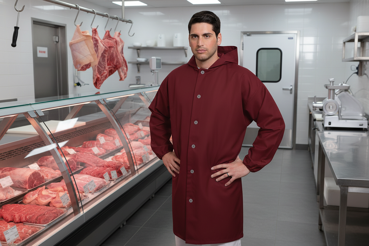 Camice da Macellaio con Cappuccio Bordeaux – No-Stiro, Idrorepellente, Taglia Unica | Cod. 80225