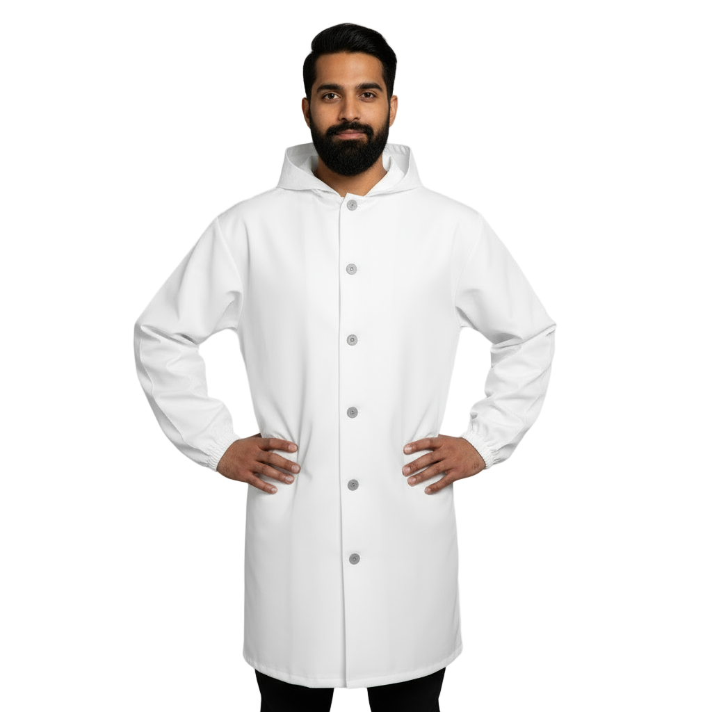 Camice da Macellaio con Cappuccio Bianco – No-Stiro, Idrorepellente, Cella Frigorifera | Cod. 80223