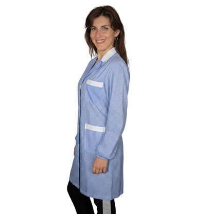 Bata de Trabalho Mulher Padrão Xadrez Azul Manga Comprida - Cód 200524