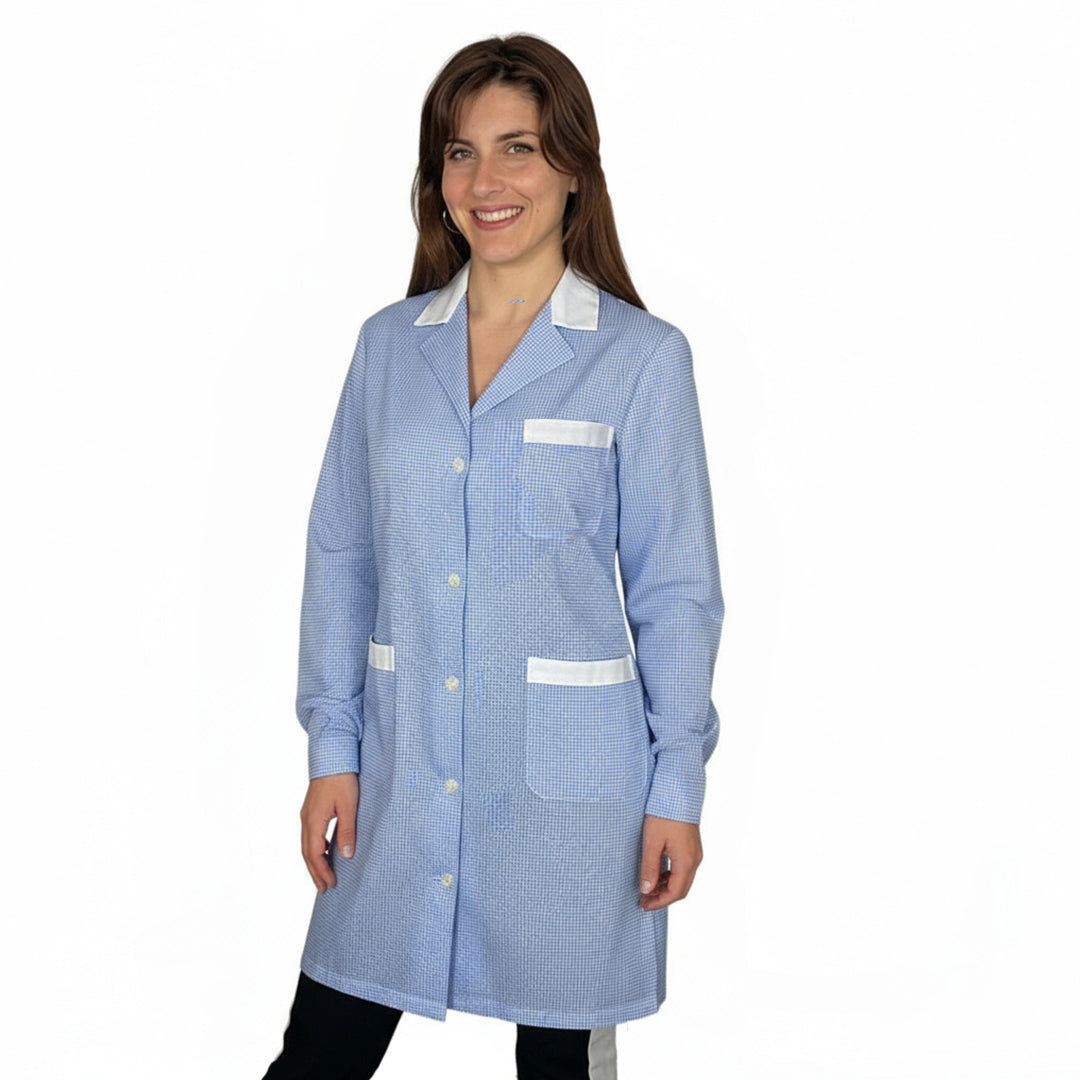 Bata de Trabalho Mulher Padrão Xadrez Azul Manga Comprida - Cód 200524