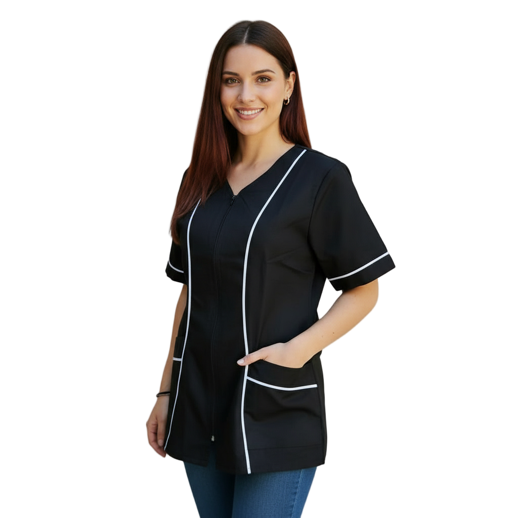 Casacca da Lavoro Donna con Zip Nera Inserto Bianco - Modello Piera - Made in Italy