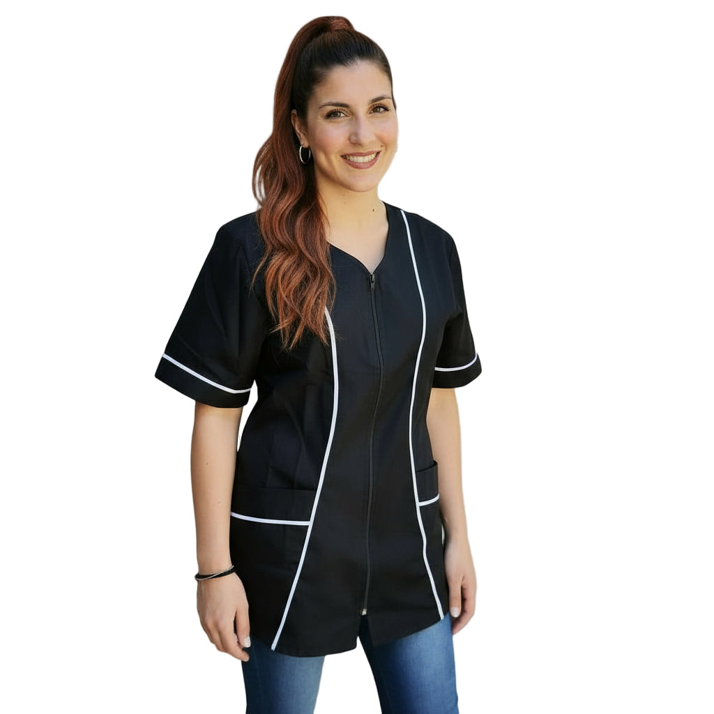 Casacca da Lavoro Donna con Zip Nera Inserto Bianco - Modello Piera - Made in Italy