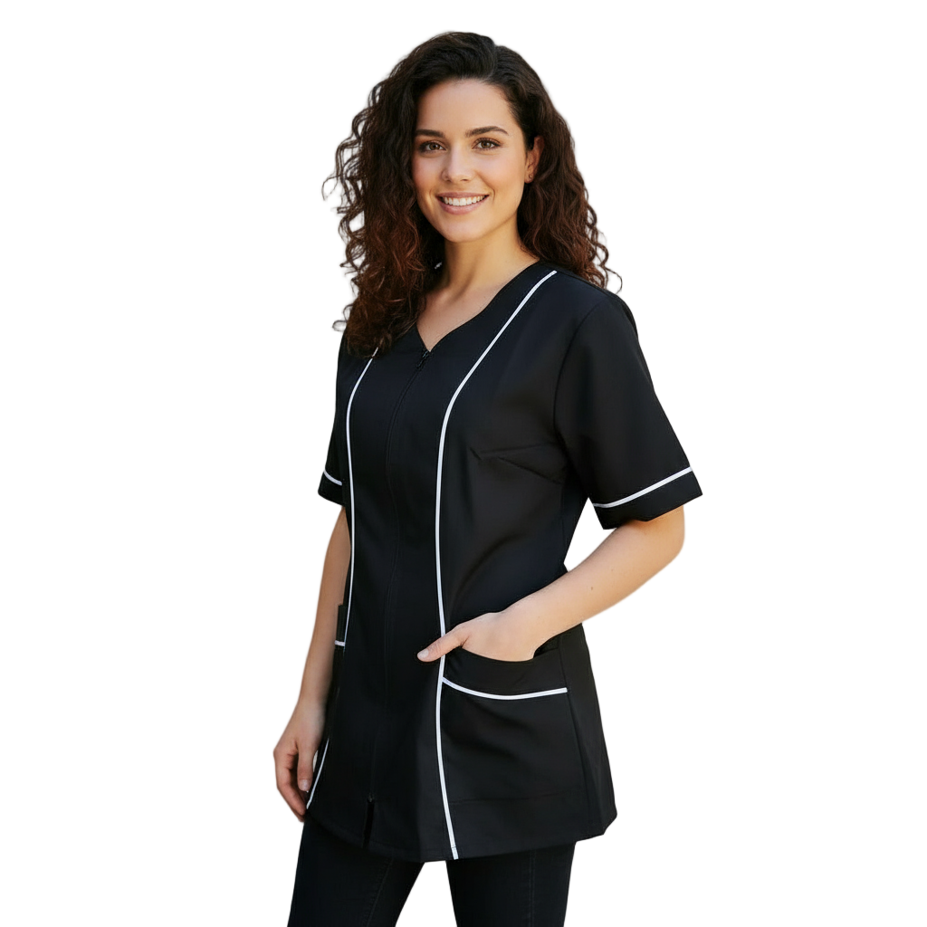 Casacca da Lavoro Donna con Zip Nera Inserto Bianco - Modello Piera - Made in Italy