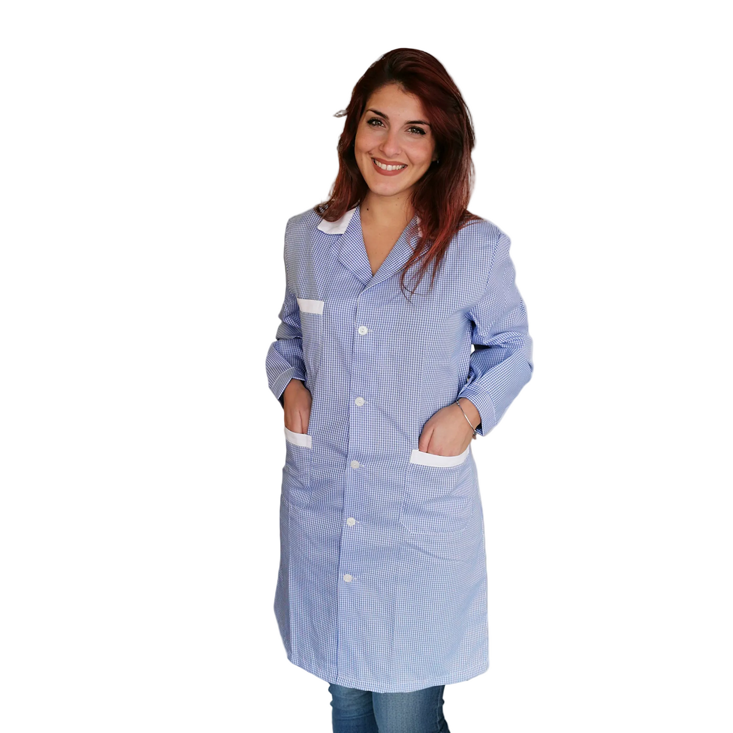 Bata de Trabalho Mulher Padrão Xadrez Azul Manga Comprida - Cód 200524