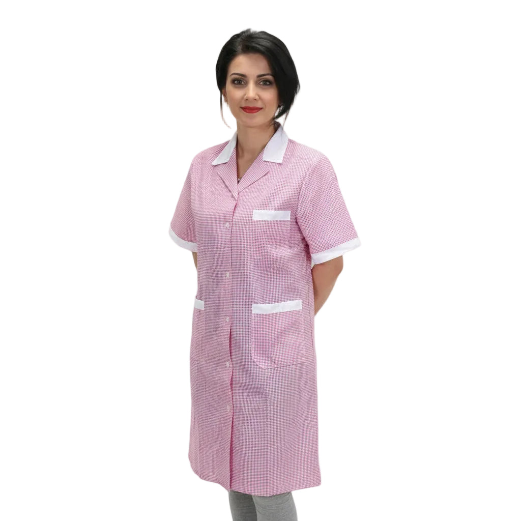 Camice da Lavoro Donna Fantasia Quadretto Rosa Mezza Manica - Cod 7272