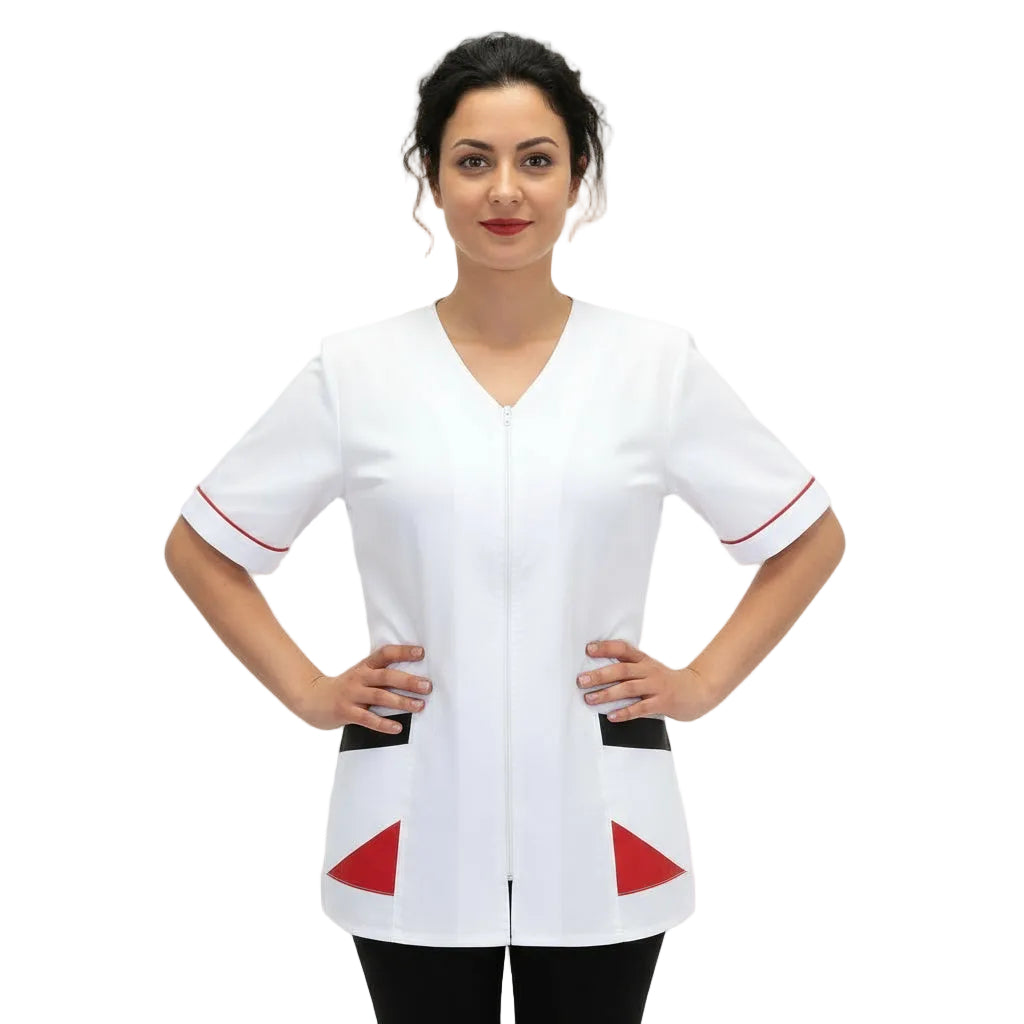 camice da lavoro,Casacca  bianca zip Bicolore mezza manica Cod:1306