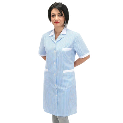 Camice da Lavoro Donna Lungo Fantasia Righe Azzurre Mezza Manica - Cod 7197