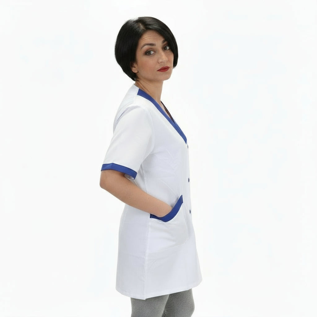 Casacca da Lavoro Donna Bianca con Profilo Blu Royal – Mezza Manica, Misto Cotone | Cod. 7616