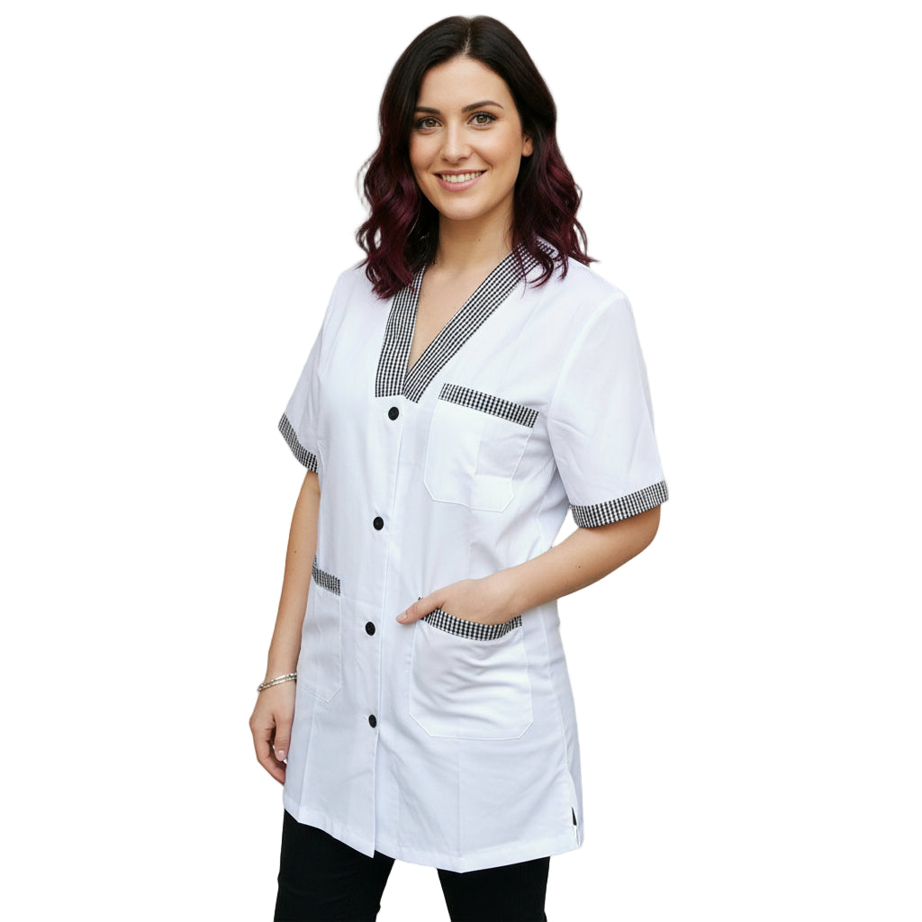 Casacca da Lavoro Donna Bianca con Profilo Sale e Pepe – Mezza Manica, 3 Tasche, Misto Cotone | Cod. 7173