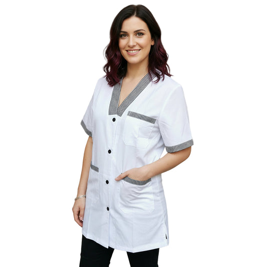 Casacca da Lavoro Donna Bianca con Profilo Sale e Pepe – Mezza Manica, 3 Tasche, Misto Cotone | Cod. 7173