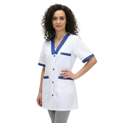 Casacca da Lavoro Donna Bianca con Profilo Blu Royal – Mezza Manica, Misto Cotone | Cod. 7616