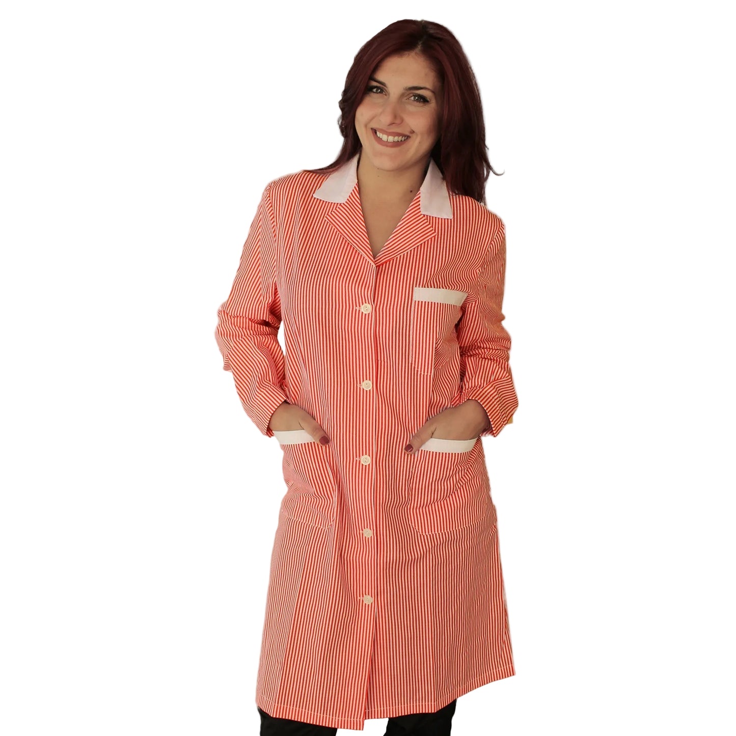 Camice da Lavoro Donna Fantasia Righe Rosse Manica Lunga - Cod 7649