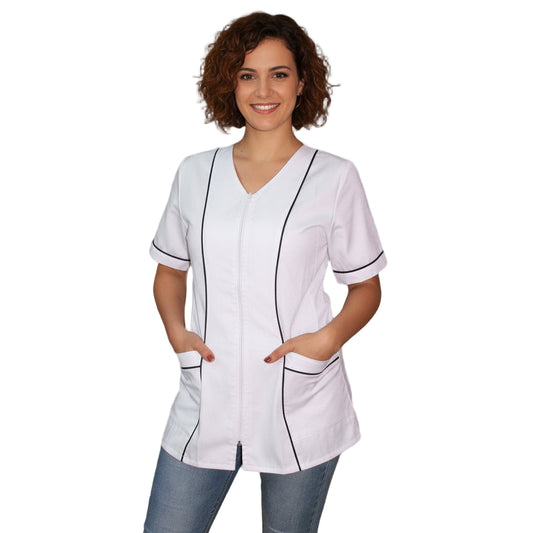 Casacca da Lavoro Donna con Zip Bianca con Profilo - Modello Rosaria | Cod. 7203