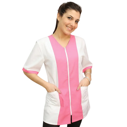 Damen-Arbeitskasack Zweifarbig Weiß-Fuchsia mit Reißverschluss – Halbarm | Cod. 2506