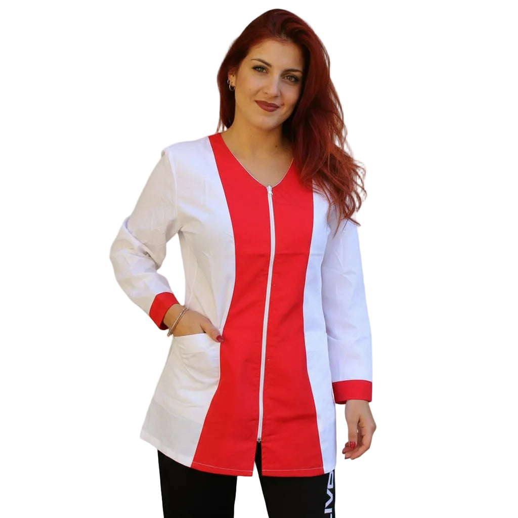 Casacca,camice da lavoro con zip, manica lunga bicolore "rosso" Cod:2206