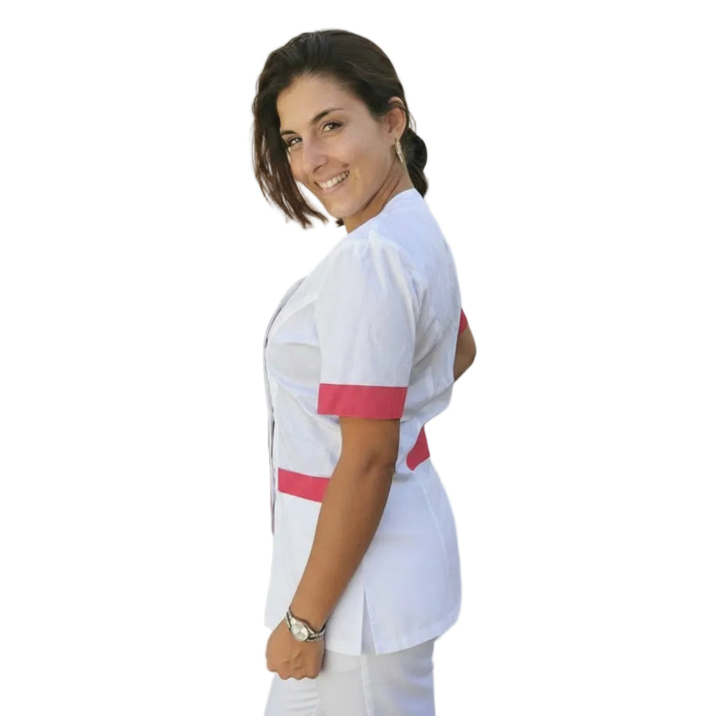 Casacca da Lavoro Donna Slim Fit Bianca con Inserto Fucsia – Mod. Beauty, Maniche Corte | Cod. 290725