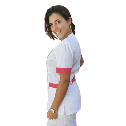 Casacca da Lavoro Donna Slim Fit Bianca con Inserto Fucsia – Mod. Beauty, Maniche Corte | Cod. 290725